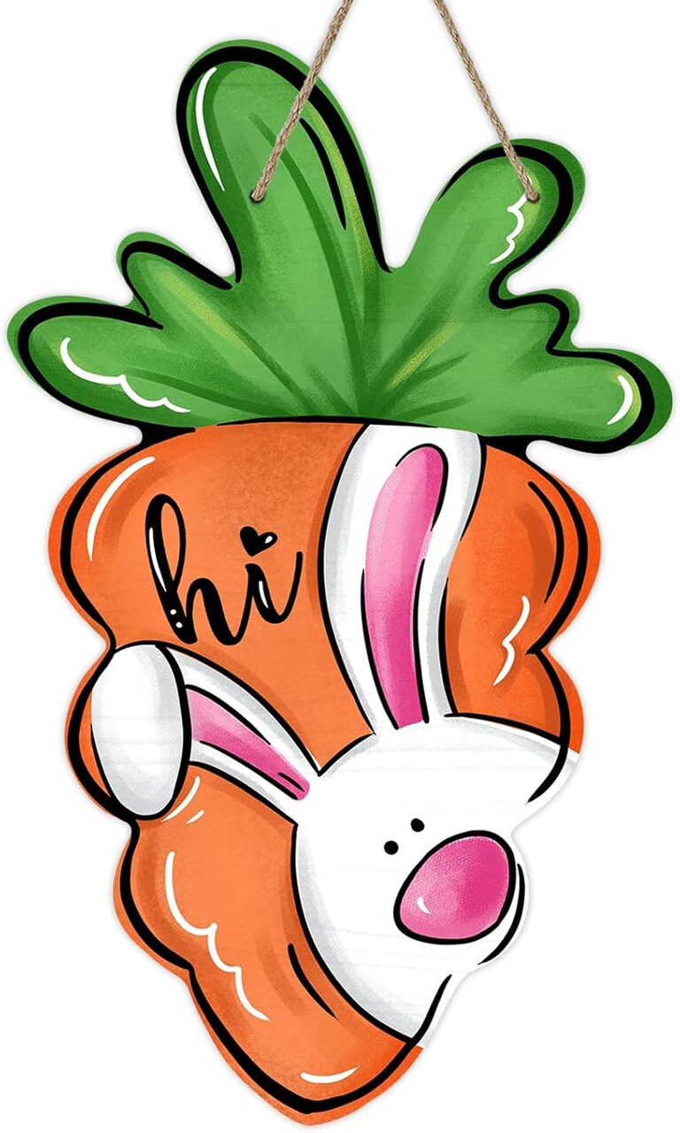 Easter Carrot Bunny “Hi” Door Sign – Wooden Front Door Hanger, Spring Farmhouse Decor for Indoor & Outdoor Walls, Porch, and Home